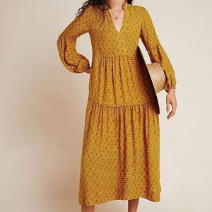 Anthropologie Maeve Tamarind Yellow Motif Tiered Maxi Dress Sz Small
